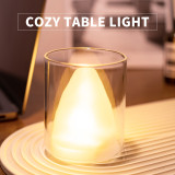 Battery Operated LED Flickering Fake Flame Table Atmosphere Light, Transparent Glass Lamp Shade, 1500K Warm White Lighting, Decorative LED Night Light, White Inner Shade, 1 Pack
