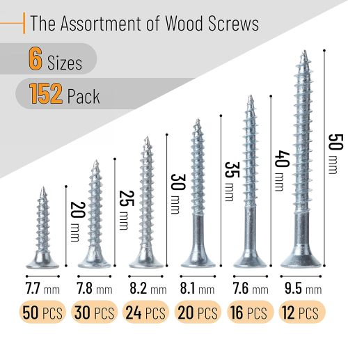 MEIGESI Wood Screws Assortment Kit, 152 pcs, Phillips Tips, Wood Screws, Screws, Assorted Screws, Screws Set, Flat Head Screws, Assorted Wood Screws, Screws Assortment, Screw Set Assortment