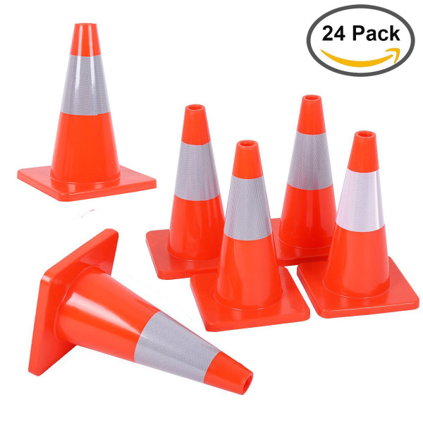 24PCS 18  Traffic Cones PVC Safety Road Parking Cones Weighted Hazard Cones Construction cones for traffic Fluorescent Orange w/4  Reflective Strips Collar