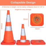 4PC 27.6  Collapsible Traffic Cones with Nighttime LED Lights Pop up Safety Road Parking Cones Weighted Hazard Cones Construction cones Fluorescent Orange w/2 Reflective Silver Strips Collar