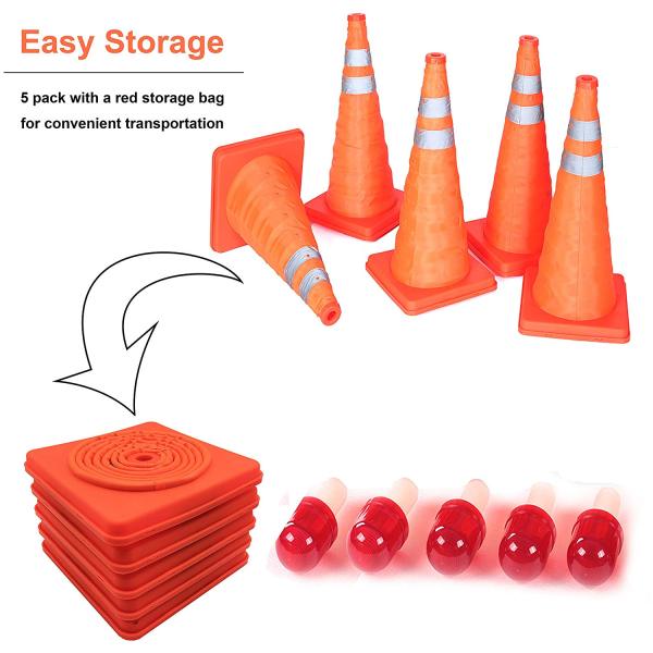 5PCS 18  Collapsible Traffic Cones with Nighttime LED Lights Pop up Safety Road Parking Cones Weighted Hazard Cones Construction Cones Fluorescent Orange w/2 Reflective Silver Strips Collar