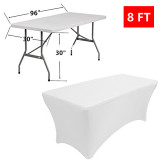 Reliancer 2 Pack 4\6\8FT Rectangular Spandex Table Cover Four-Way Tight Fitted Stretch Tablecloth Table Cloth for Outdoor Party DJ Tradeshows Banquet Vendors Weddings Celebrations (2PC 8FT, White)