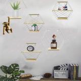 Wall Mounted Shelves Metal Wire&Wooden Storage Shelves Decorative Hexagon Floating Display Racks Magazine Rack Record Holder Plant Flower Rack Wall Decor for Home Office Decoration
