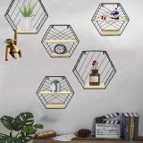 Wall Mounted Shelves Metal Wire&Wooden Storage Shelves Decorative Hexagon Floating Display Racks Magazine Rack Record Holder Plant Flower Rack Wall Decor for Home Office Decoration