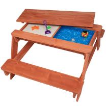 Kids Picnic Table and Chairs Set w/ Cushions Outdoor Wooden Desk and Benches Sand and Water Table Patio Dining Playful Wood Table 2 Large Storage Drawers Removable Table Top for Children Deck Garden