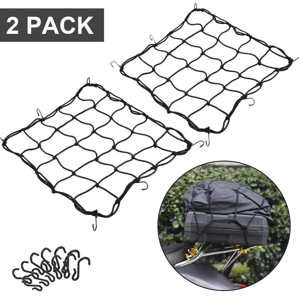 2 Pack of 15.7 x15.7  Bungee Cargo Net Stretches to 30 x30  Elastic Luggage Netting with 12 Metal Hooks Stretchable bungee-cord Mesh Net for Motorcycle Bike Paddle board Quad Canoe Moped ATV