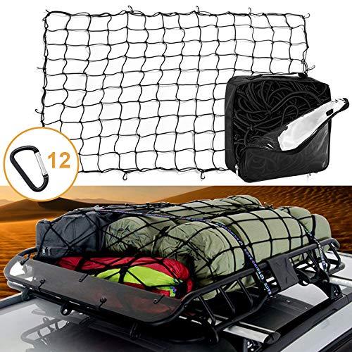3'x4' Latex Bungee Cargo Net Stretches to 6'x8' Heavy Duty Elastic Luggage Netting with 12 Aluminum D-Clip Tangle-Free Carabiners Truck Bed Mesh Stretchable Travel Net for Pickup SUV Trailer Boat