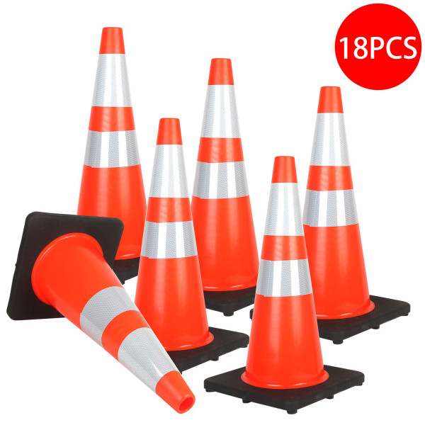 Reliancer 18PCS 28  Traffic Cones PVC Safety Road Parking Cones with Black Weighted Base w/6 &4  Reflective Collars Fluorescent Orange Hazard Cones Construction Cones for Traffic or Home Improvement