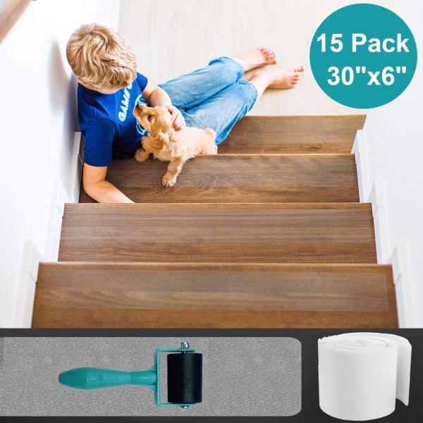Anti Slip Stair Treads Clear Tape 15 Pack Pre-cut Non Skid Transparent Safety Strips PEVA High Traction Grip Tape w/Roller For Kids The Elderly Pets Bathtub Bathroom Floor Protection Sticker(30X6inch)