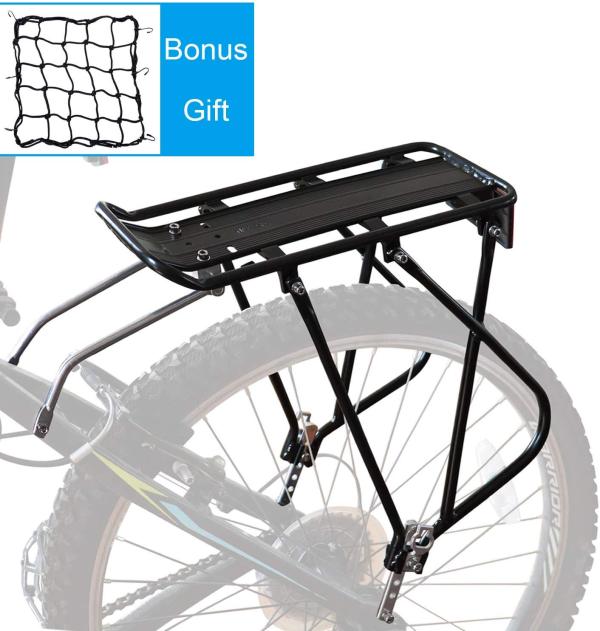 Bike Cargo Rack w/Bungee Cargo Net & Reflective Logo Universal Adjustable Bicycle Rear Luggage Touring Carrier Racks 110lbs Capacity Quick Release Mountain Road Bike Pannier Rack for 26 -29  Frames
