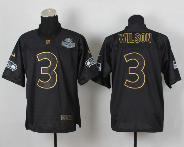 2014 Seattle Seahawks #3 Wilson PRO Gold Lettering Fashion Jersey with Super Bowl Patch