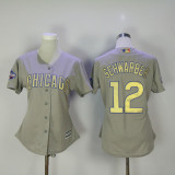 MLB Chicago Cubs #12 Schwaeber Grey Gold Number Women Jersey