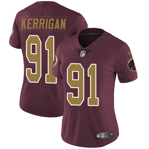 Womens Washington Redskins #91 Kerrigan Red Yellow Number Jersey