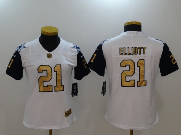 Womens Dallas Cowboys #21 Elliott Thanksgiving Gold Number White Jersey