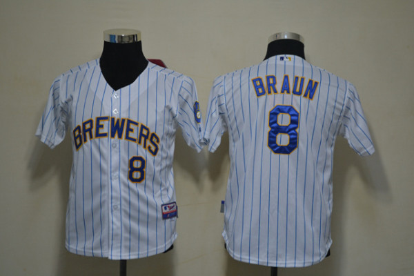 MLB Milwaukee Brewers #8 Braun Kids Blue Strip Jersey - White