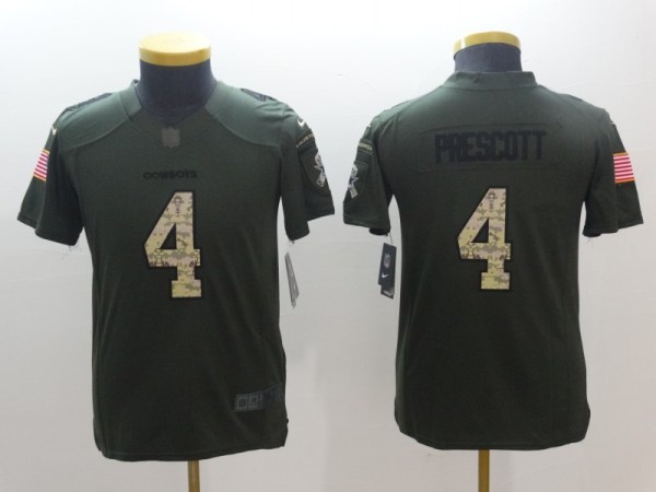 NFL Dallas cowboys #4 Prescott Salute to Service Green Kids Jersey