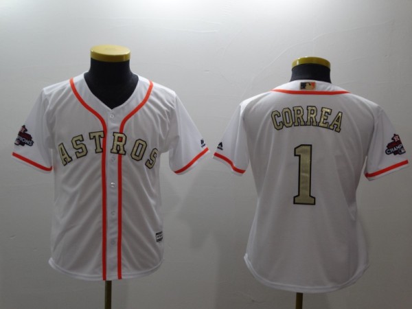 Kids MLB Houston Astros #1 Correa White Gold Number Jersey