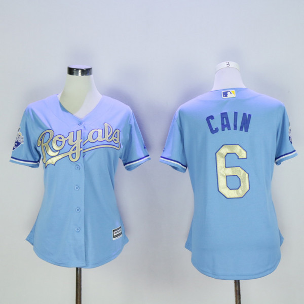 Womens Kansas City Royals #6 Cain Women Gold Number Jersey