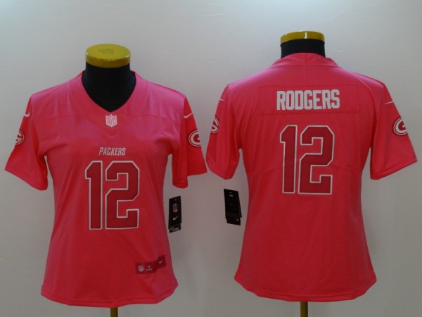 Women Green Bay Packers #12 Rodgers Pink Limited Color Rush Jersey