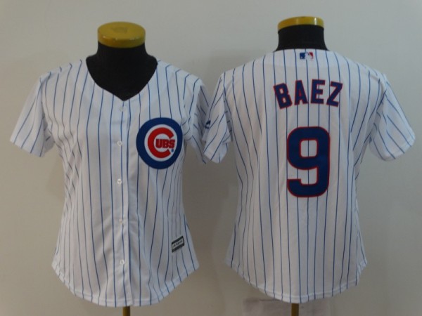 Women MLB Chicago Cubs #9 Beaz White With Blue Strips Game Jersey