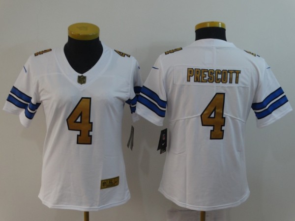 Women Dallas Cowboys #4 Prescott White Gold Number Vapor Untouchable Black Limited Jersey