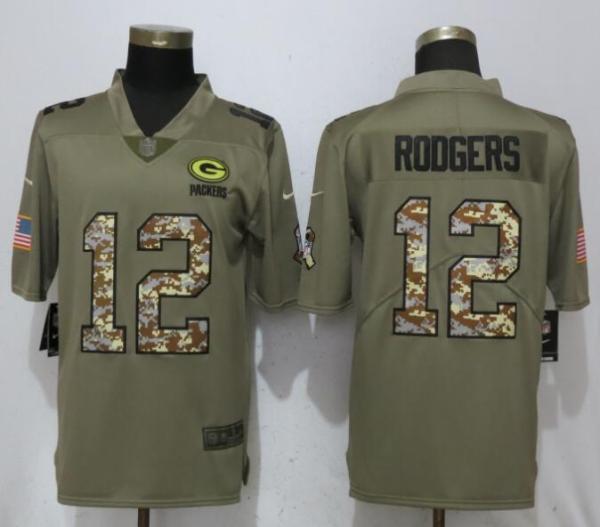 New Nike Green Bay Packers 12 Rodgers Olive/Camo Carson 2018 Salute to Service Limited Jersey