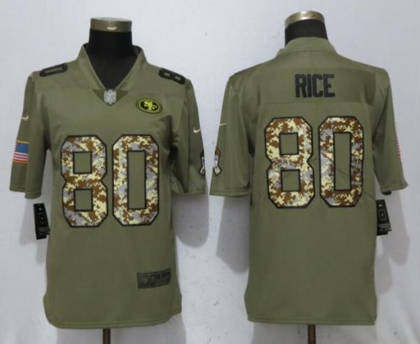 New Nike San Francisco 49ers 80 Rice Olive/Camo Carson 2018 Salute to Service Limited Jersey