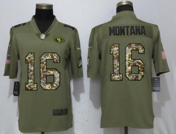 New Nike San Francisco 49ers 16 Montana Olive/Camo Carson 2018 Salute to Service Limited Jersey