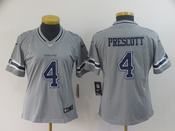 Women Cowboys #4 Dak Prescott Grey Inverted Legend Jersey