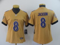 Women Baltimore Ravens #8 Lamar Jackson Gold Inverted Legend Jersey