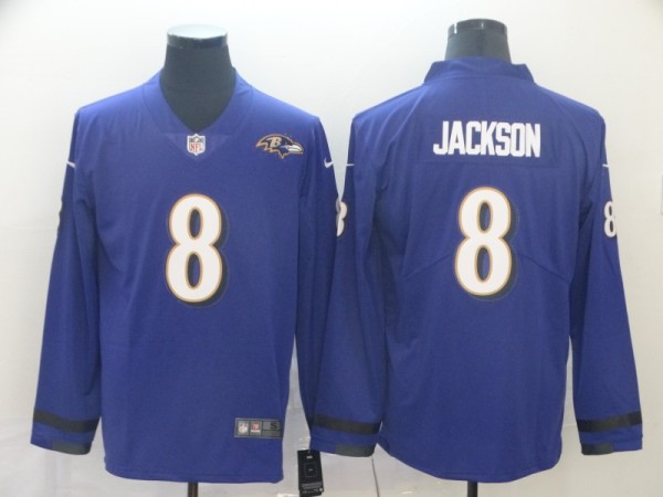 Men's Baltimore Ravens #8 Lamar Jackson Blue Therma Long Sleeve Stitched NFL Jersey