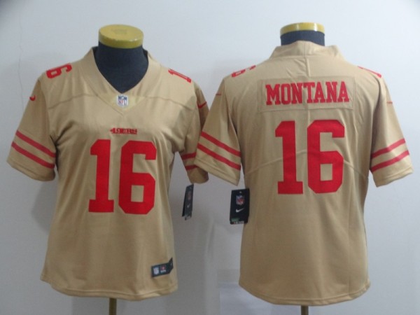 Women Nike San Francisco 49ers #16 Joe Montana Gold Inverted Legend Jersey