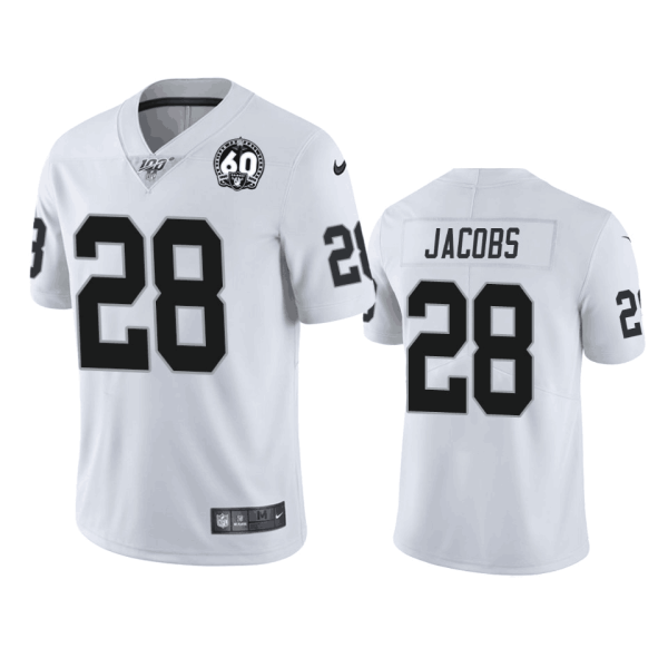 Men's Oakland Raiders #28 Josh Jacobs White 100th Season With 60 Patch Vaper Limited Jersey