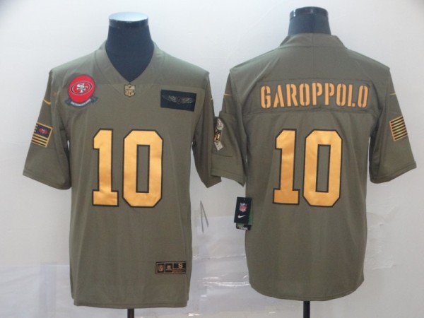 Men's San Francisco 49ers #10 Jimmy Garoppolo 2019 Olive/Gold Salute To Service Jersey