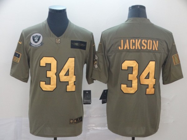 Men's Raiders #34 Bo Jackson 2019 Olive/Gold Salute To Service Limited Stitched Jersey