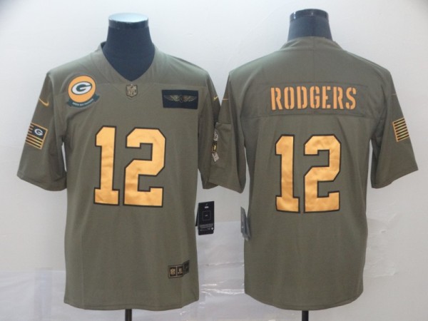 Men's Green Bay Packers #12 Aaron Rodgers 2019 Olive/Gold Salute To Service Limited Jersey