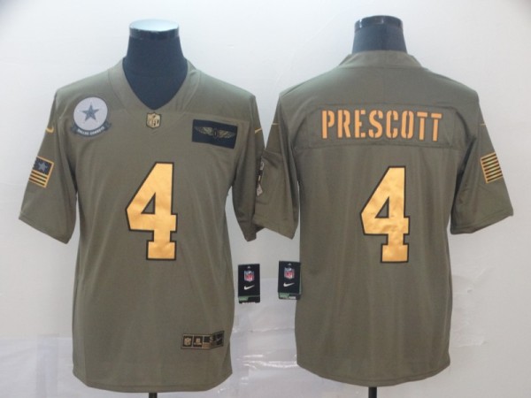 Men's Dallas Cowboys #4 Dak Prescott 2019 Olive/Gold Salute To Service Limited Jersey