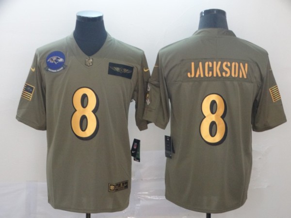 Men's Baltimore Ravens #8 Lamar Jackson 2019 Olive/Gold Salute To Service Limited Jersey