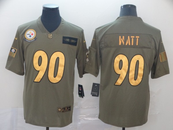 Men's Pittsburgh Steelers #90 T. J. Watt 2019 Olive/Gold Salute To Service Limited Jersey