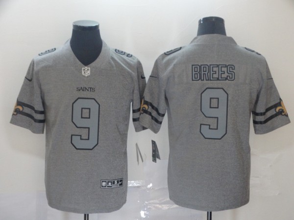 Men's New Orleans Saints #9 Drew Brees 2019 Gray Gridiron Team Logo Limited Jersey