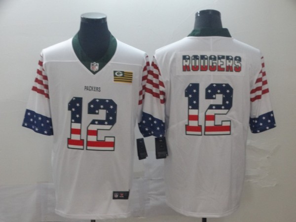 Men's Green Bay Packers #12 Aaron Rodgers White 2019 USA Flag Fashion Limited Jersey