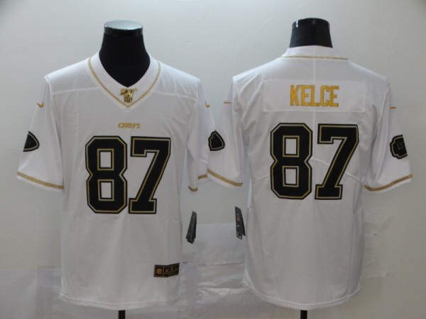 Men's Kansas City Chiefs #87 Travis Kelce White 2019 100th Season Golden Edition Limited Jersey