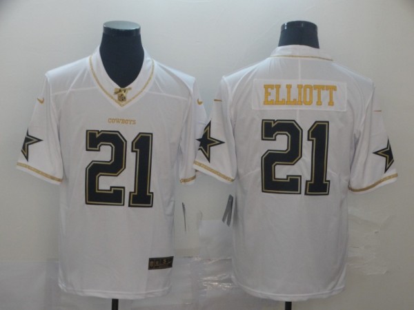 Men's Dallas Cowboys #21 Ezekiel Elliott White 2019 100th Season Golden Edition Limited Jersey