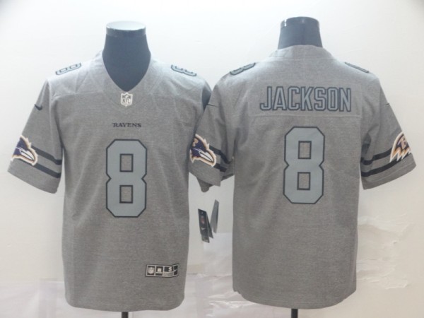 Men's Baltimore Ravens #8 Lamar Jackson 2019 Gray Gridiron Team Logo Limited Jersey