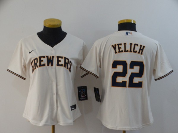 Women MLB Milwaukee Brewers #22 Christian Yelich Cream Game Nike Jersey