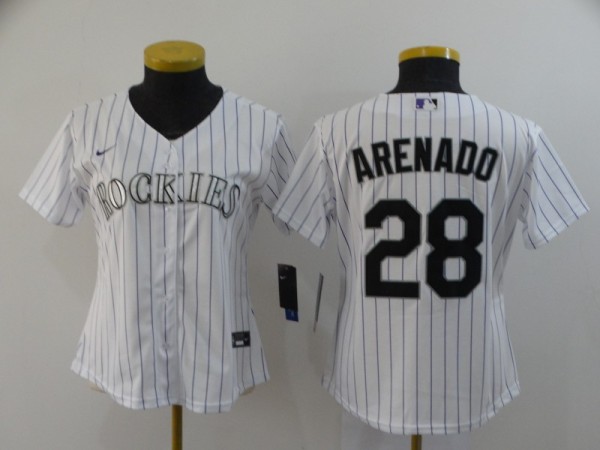 Women MLB Colorado Rockies #28 Arenado White Pinstripe Nike Game Jersey