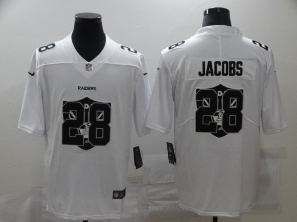 Men's Raiders #28 Josh Jacobs White Shadow Logo Limited Jersey