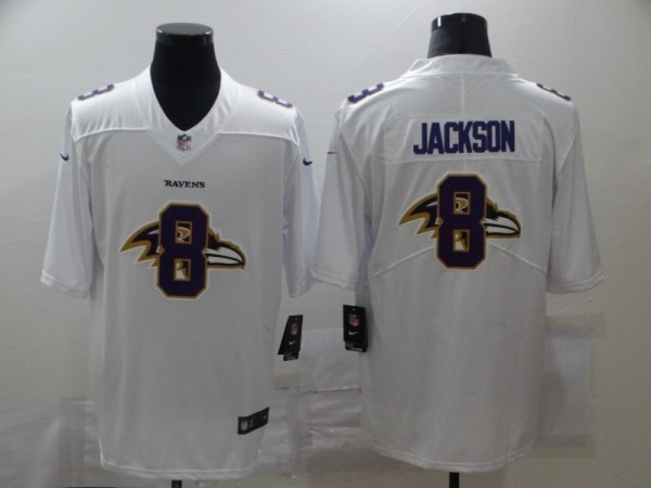 Men's Baltimore Ravens #8 Lamar Jackson White Shadow Logo Limited Jersey