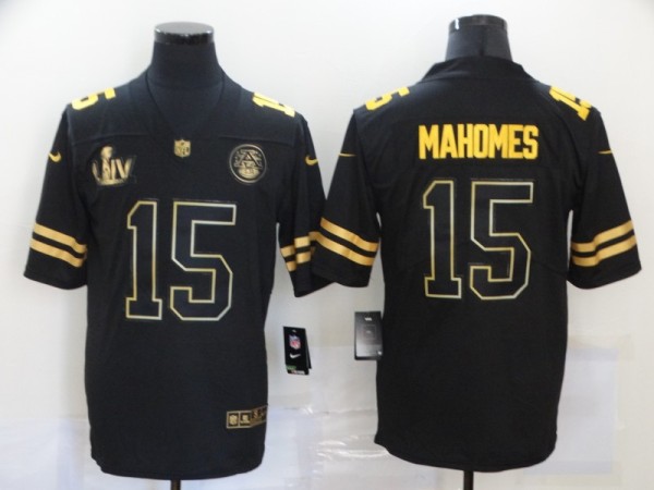 Men's Kansas City Chiefs #15 Patrick Mahomes Black Super Bowl LIV Golden Edition Limited Jersey