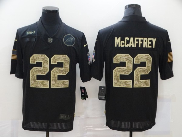 Men's Carolina Panthers #22 Christian McCaffrey Black Camo Salute To Service Limited Jersey